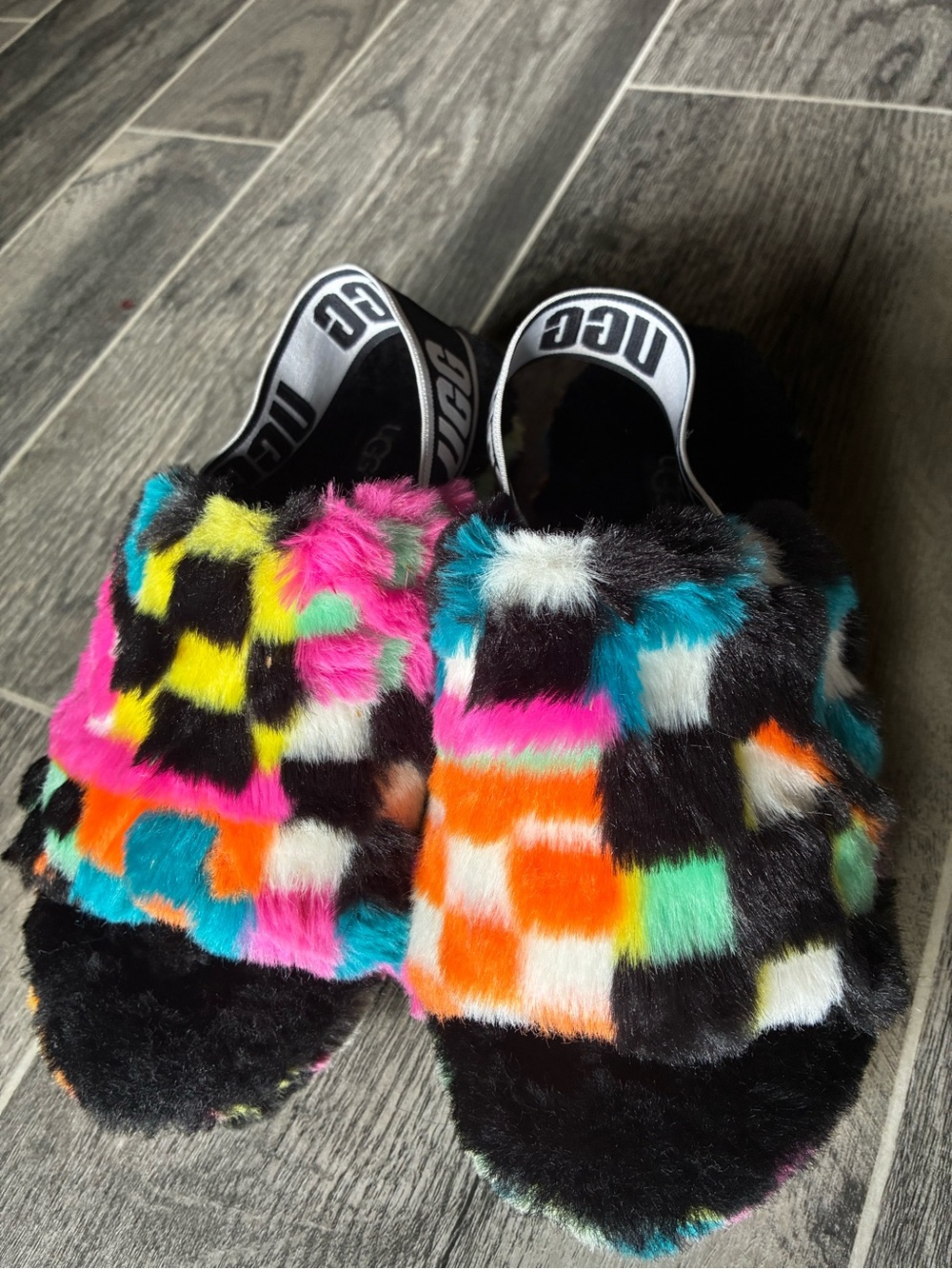 UGG Multicolor Checker Faux-Fur Slide Sandals